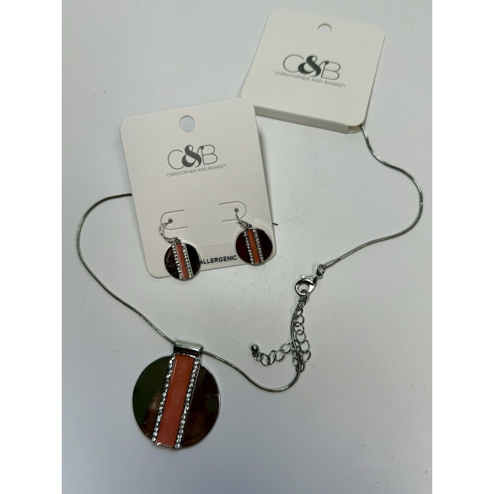 Christopher & Banks Silver Tone & Peach Enamel Rhinestone Necklace & Earring Set